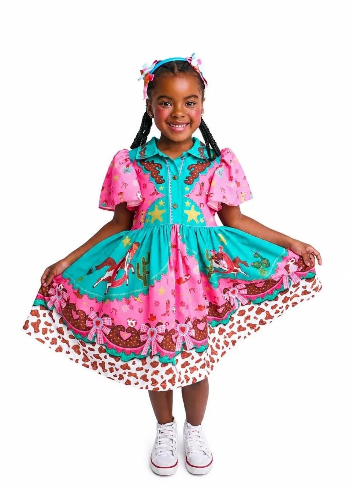 Infantil - Vestido Festa Junina Alphabeto Rosa e Verde Branco