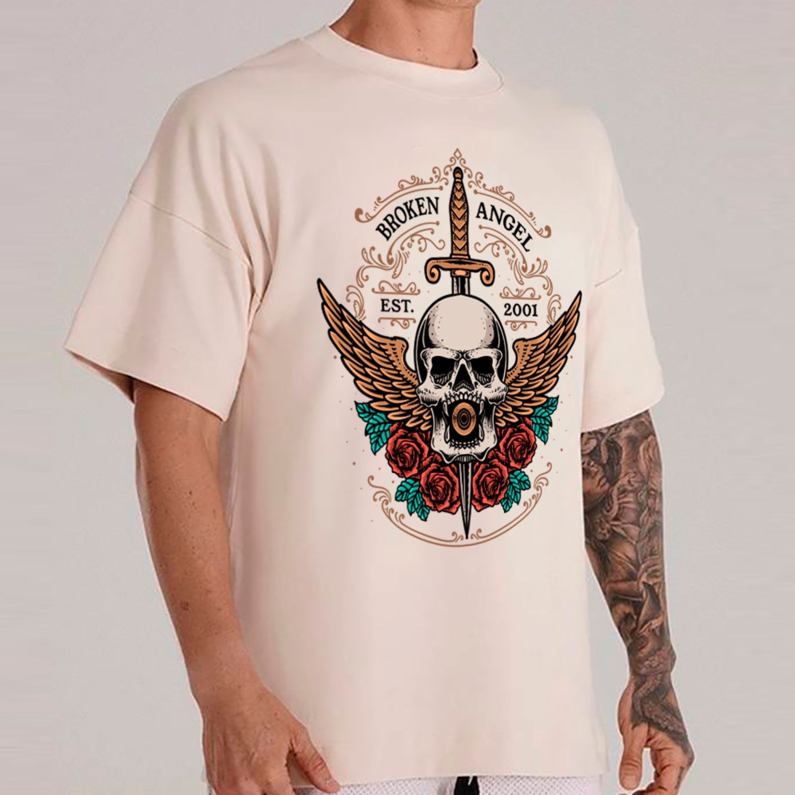 Camiseta Ousy Unissex Skull Broken Angel Streetwear Oversized Off White