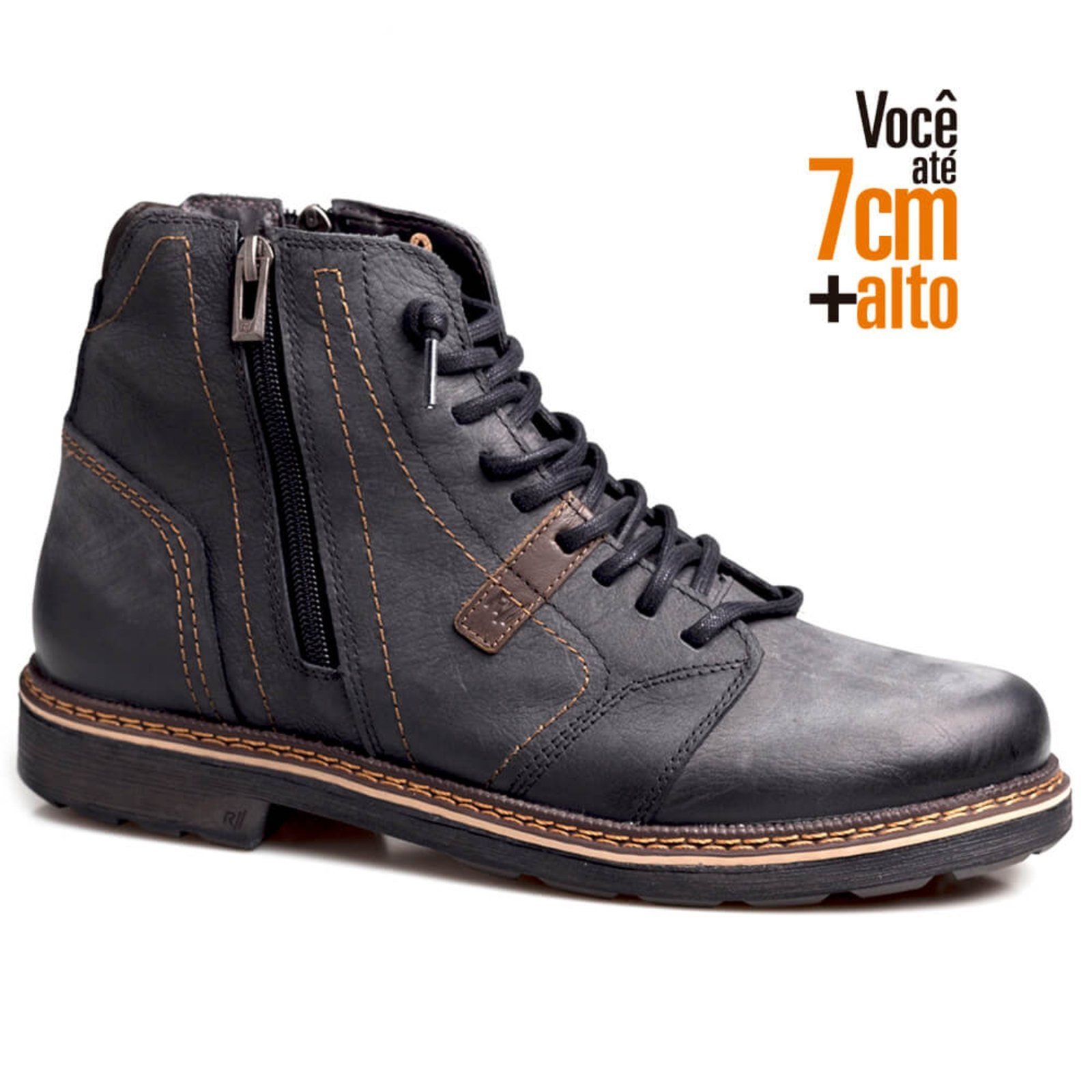 Bota Rafarillo Coturno Masculina Couro Aumenta Altura Lisa Preto