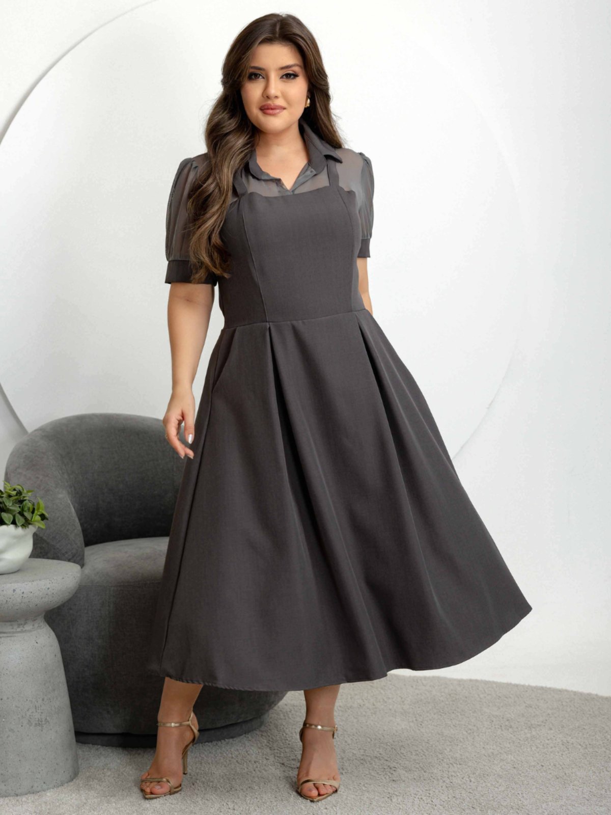 Vestido Feminino Midi Elegante Rodado Sensorial Marrante de Festa Convidada Formal Modesto Cinza