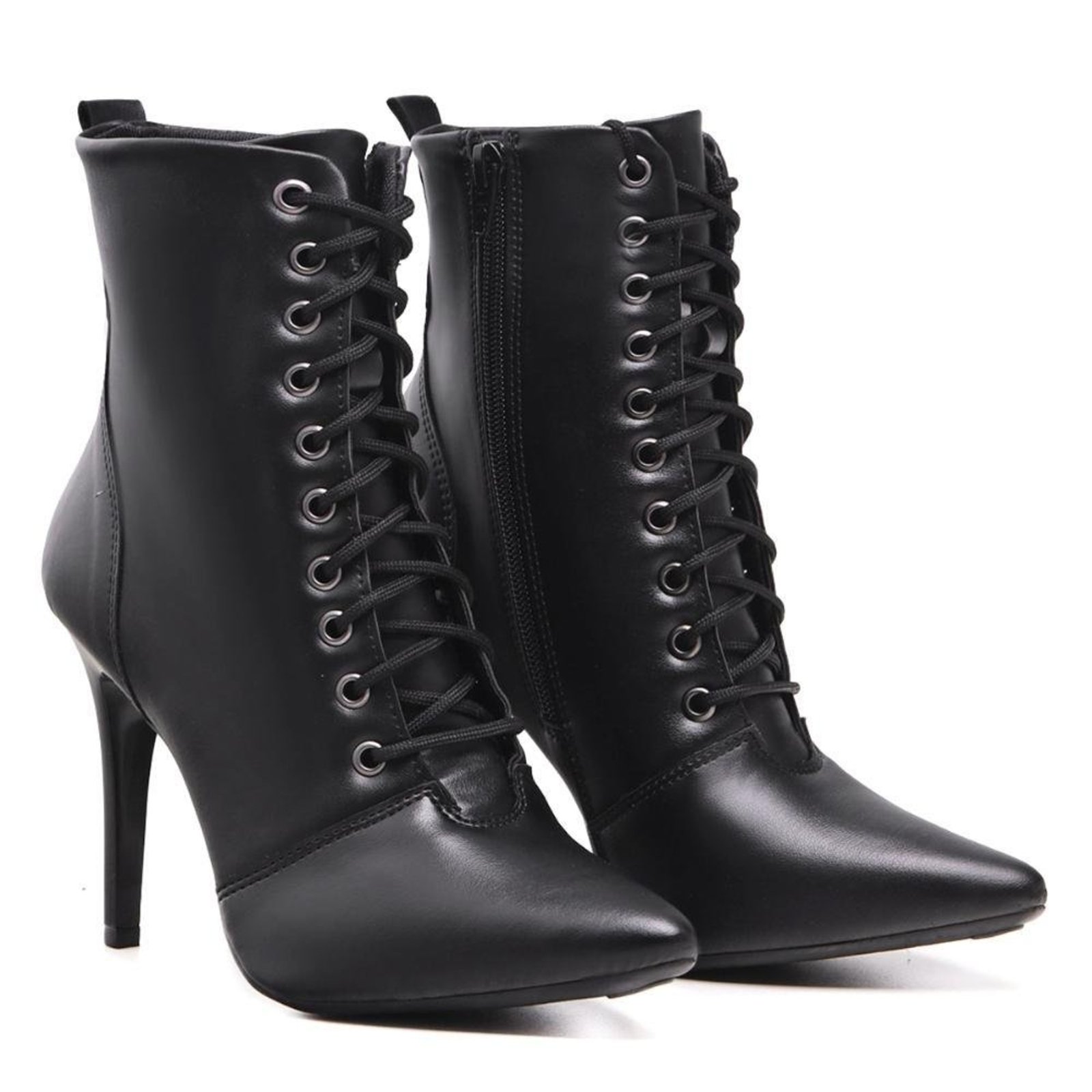 Bota Feminina Salto Alto Bico Fino Cadarço Conforto Casual Preto 33 Preto