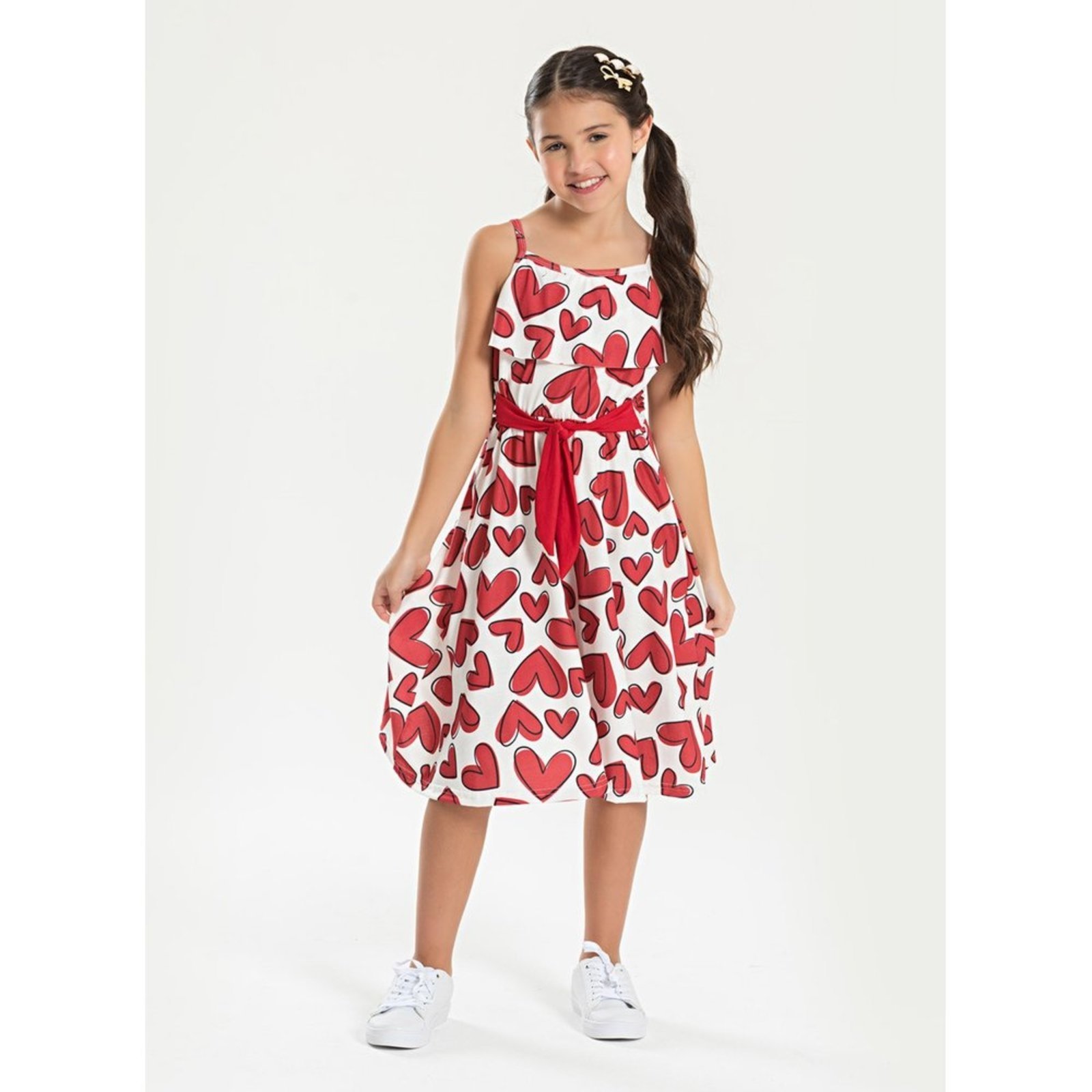 Infantil – Vestido Alcinha Verão Menina Natural com Babado e Faixa para Amarração Corações