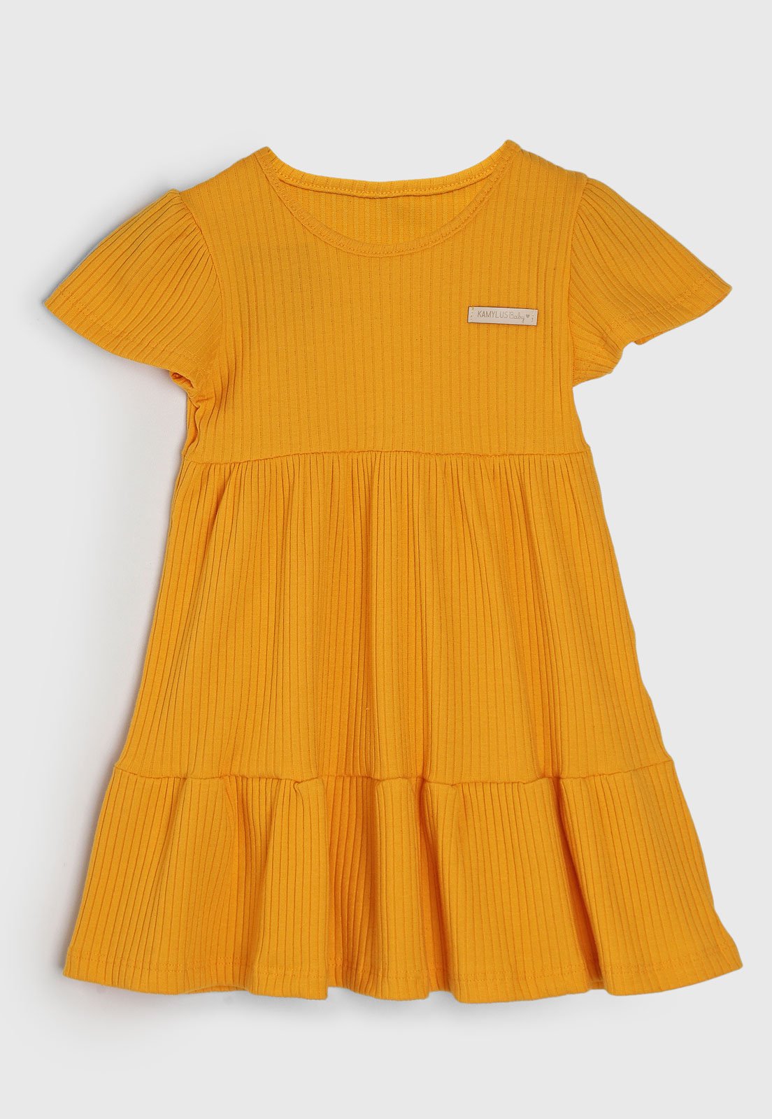 Vestido Kamylus Manga Curta Canelado Amarelo