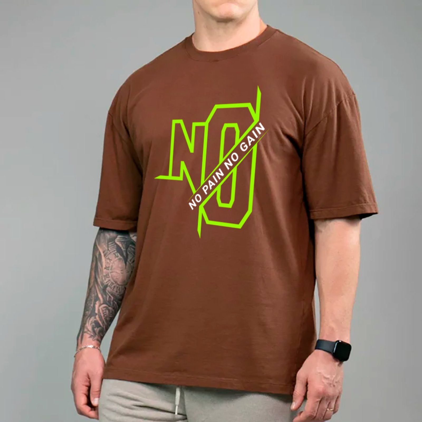 Vista 2 Camiseta Ousy No Pain No Gain Academia Oversized Unissex marrom ousy marrom