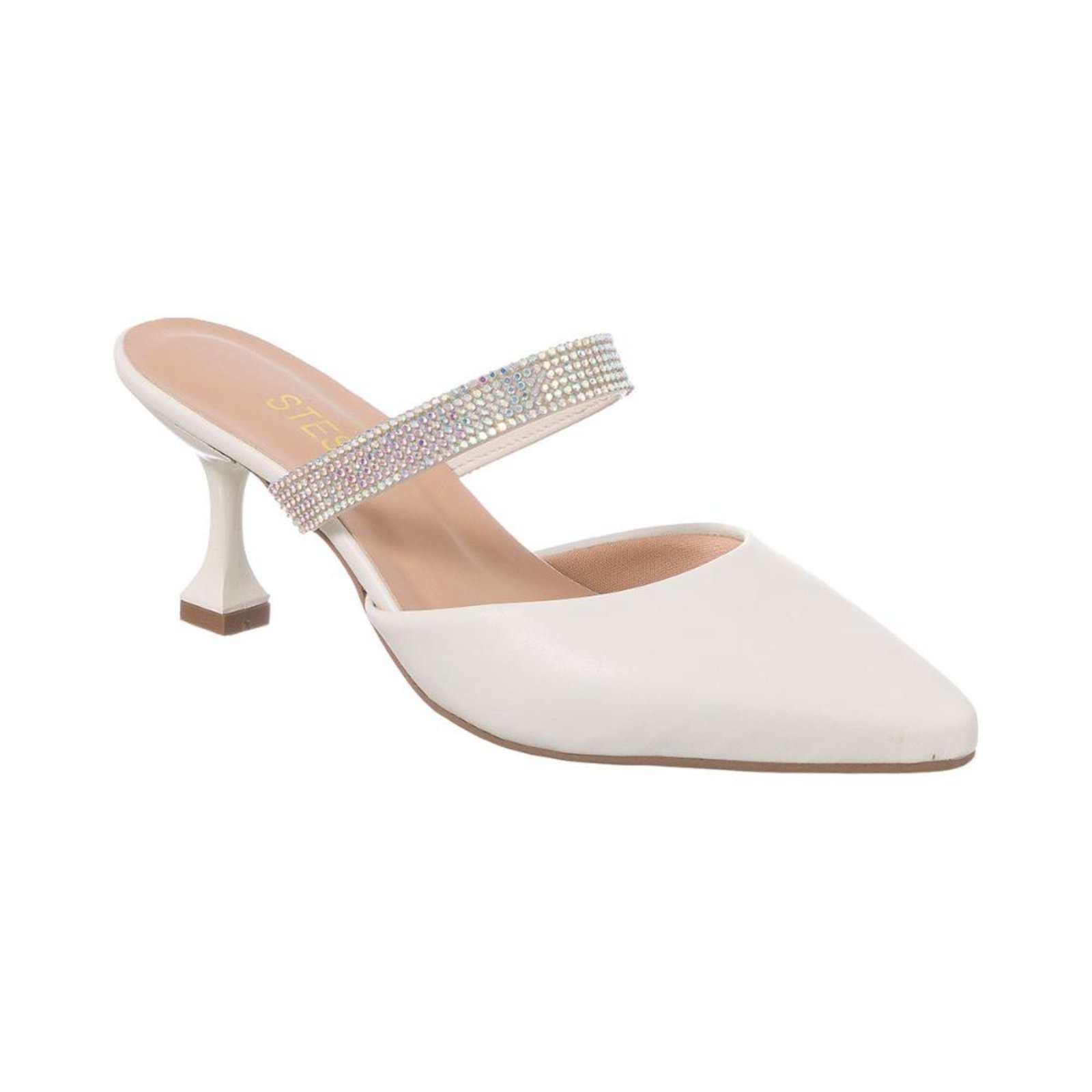 Scarpin Mule Salto Taça Baixo Bico Fino Com Brilho Strass Off-White