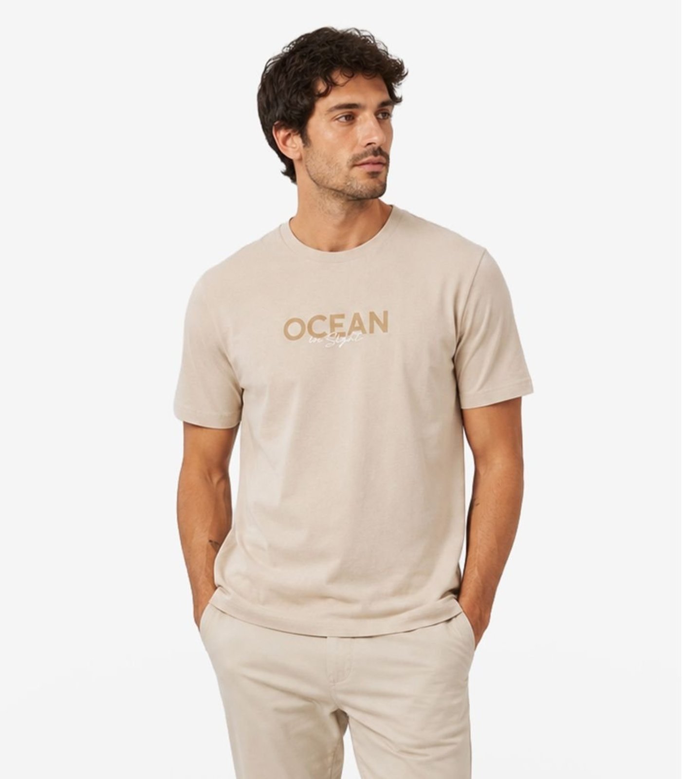 Camiseta Masculina Meia Malha Com Estampa Diametro Bege