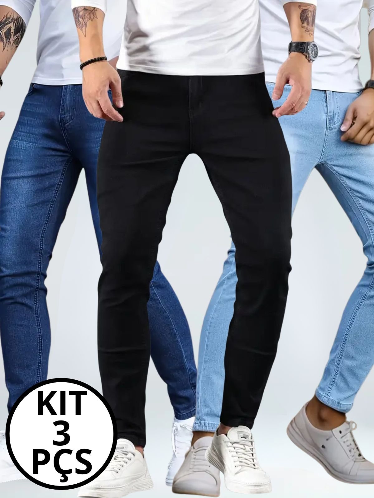 Kit 3 Calças Jeans Masculina Skinny Kovali Casual Premium Confortável com Elastano Azul e Preto