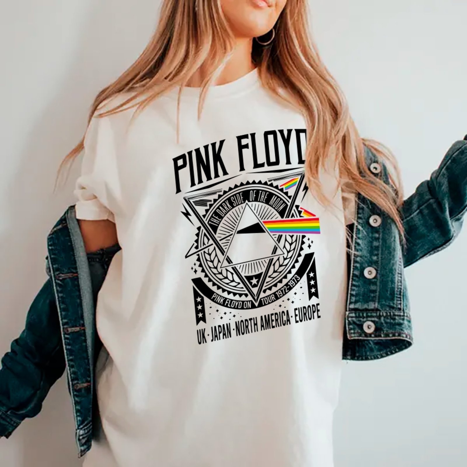 Camiseta Ousy Básica Pink Floyd Dark Side Moon Tour Unissex Branco
