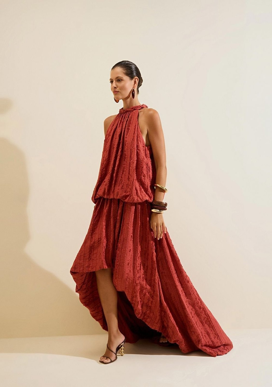Vestido Morena Rosa Solto Cava Francesa Sem Manga Longo - Vermelho