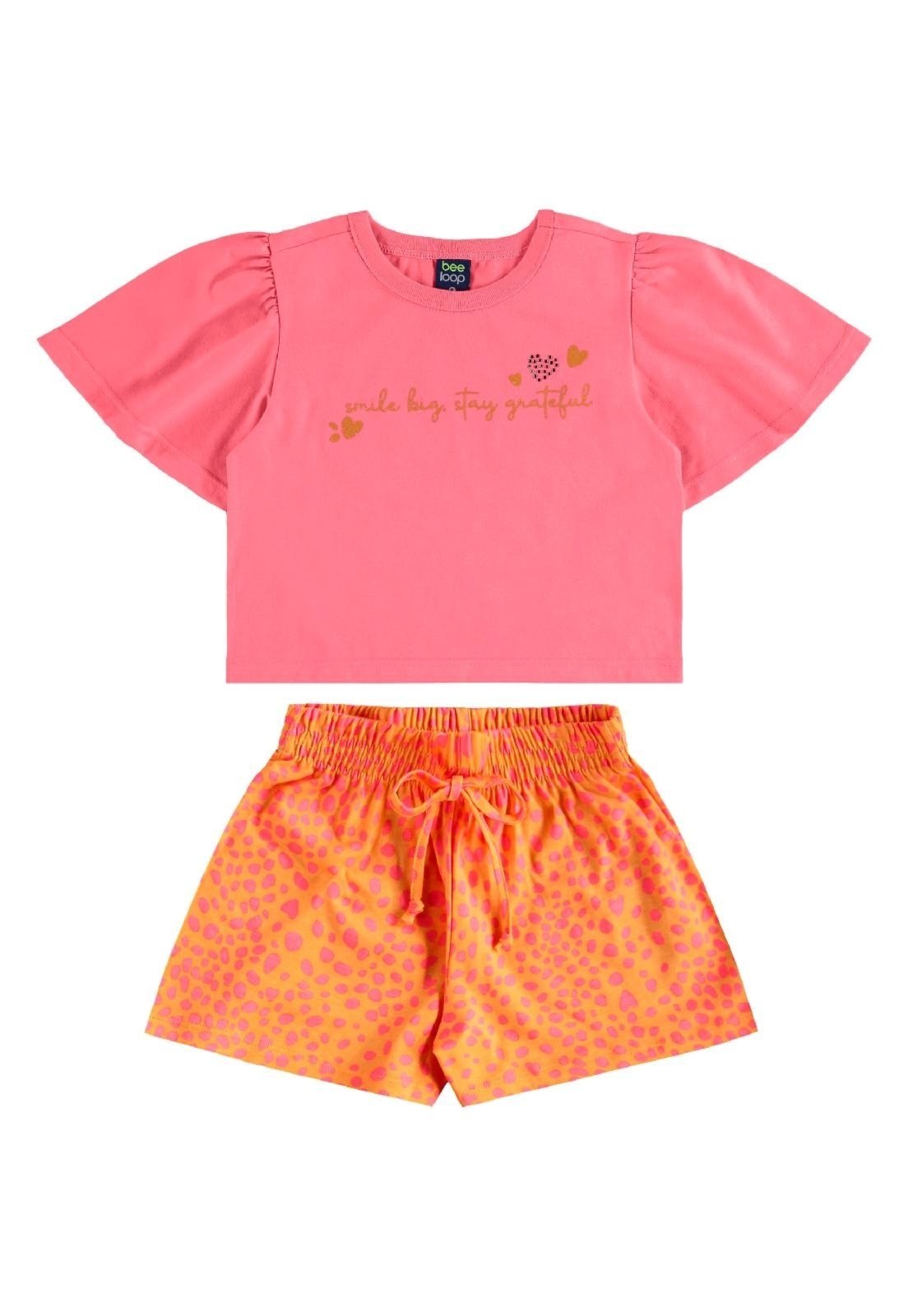 Infantil - Conjunto Blusa Cropped e Short Bee Loop Rosa