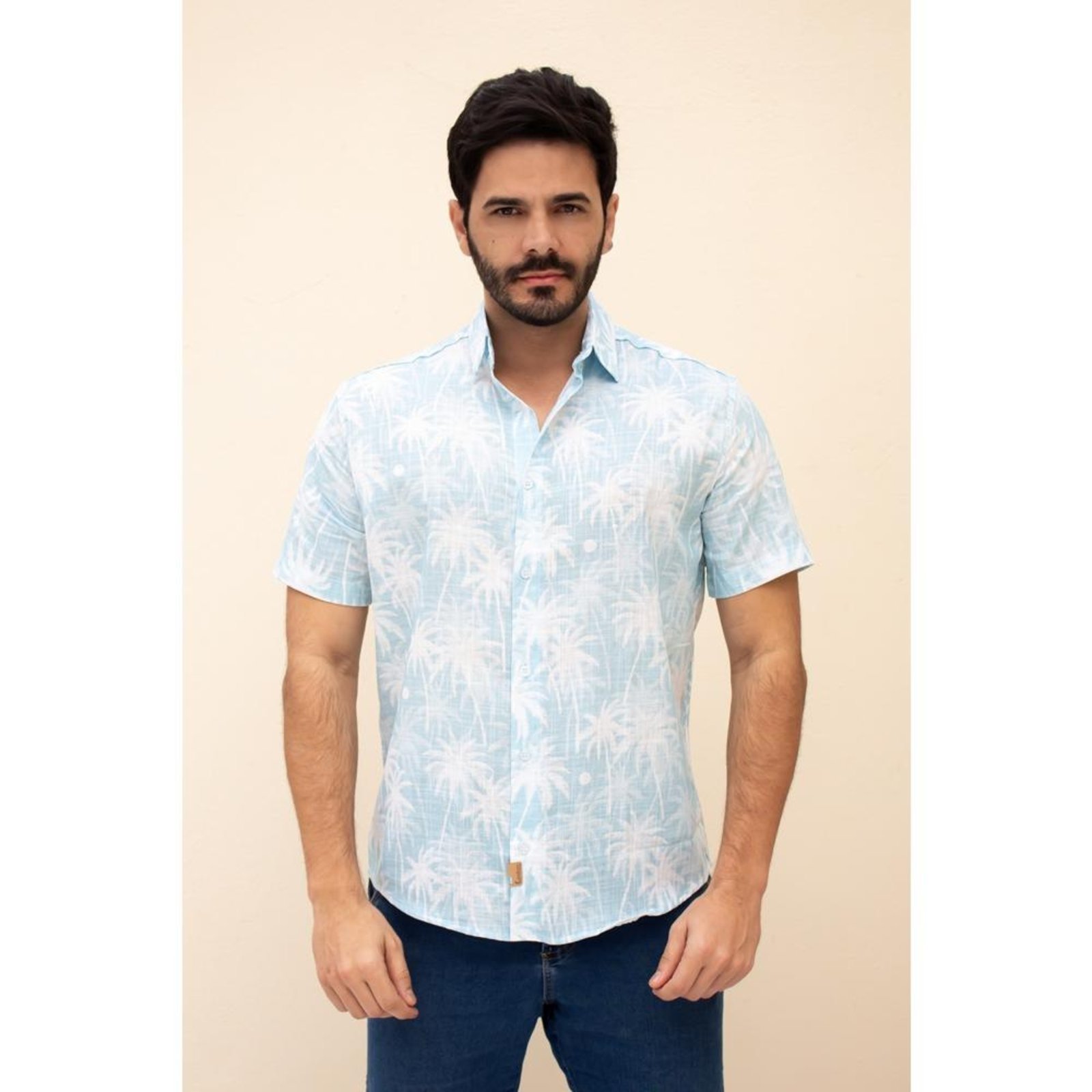 Camisa Masculina Manga Curta De Linho Floral Branca