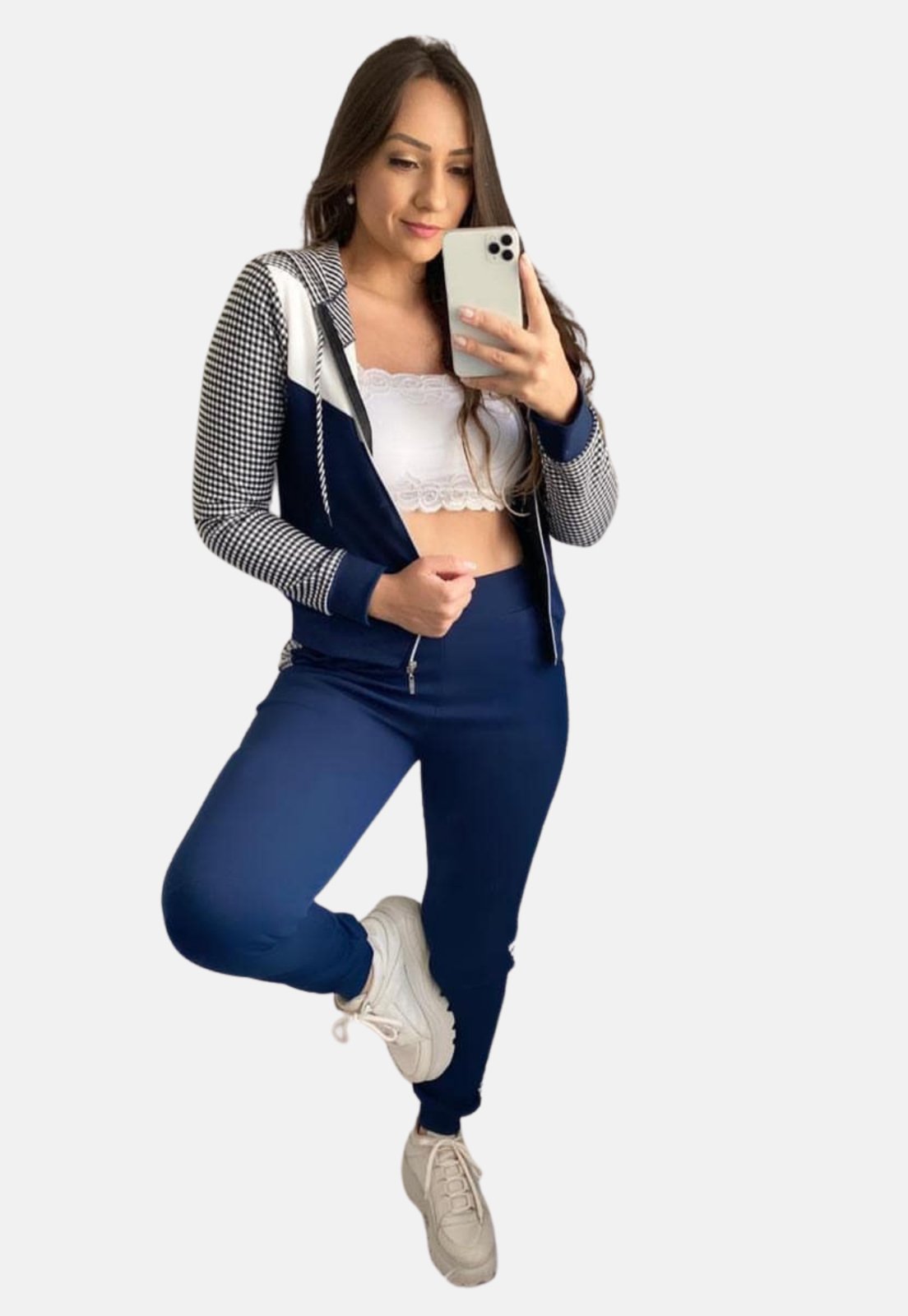 Conjunto Agasalho Summer Body com zíper e touca Xadrez com Azul