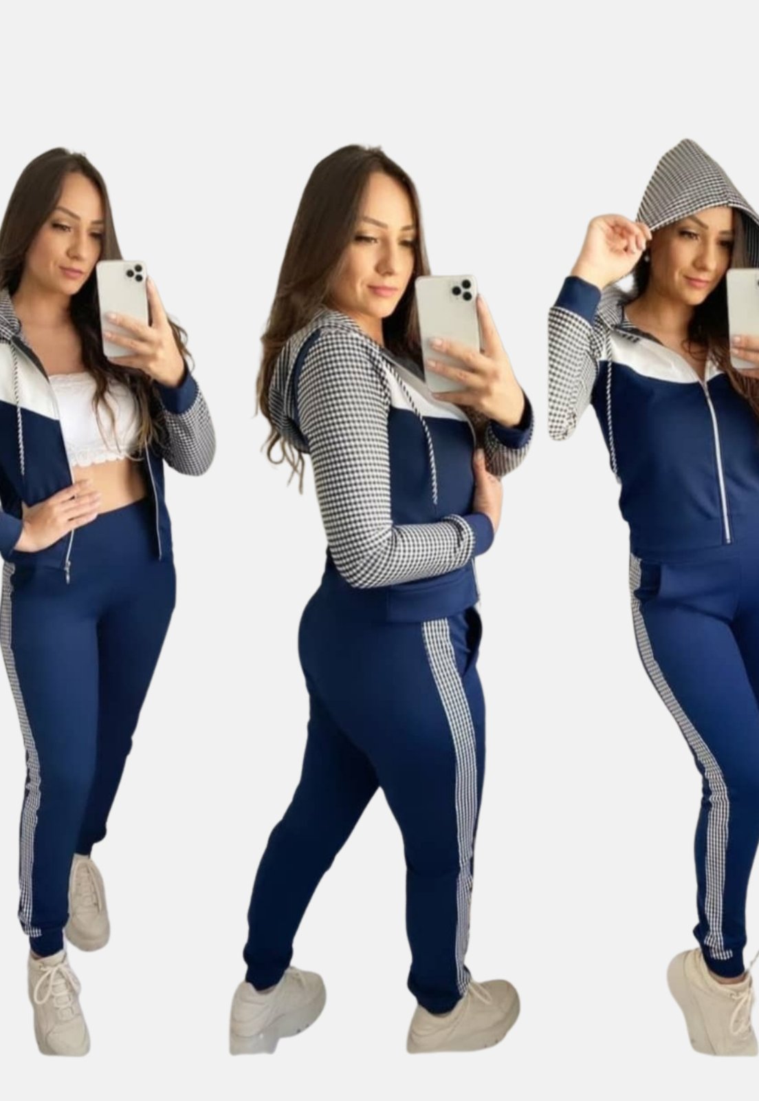 Vista 3 Conjunto Agasalho Summer Body com zíper e touca Xadrez com azul Summer Body azul