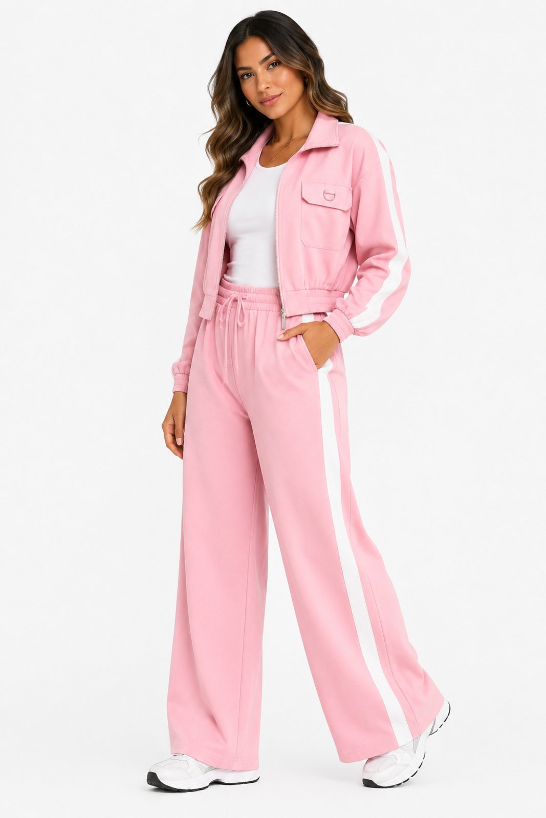 Conjunto D Bell Outlet Fashion Jaqueta Cropped Calça Pantalona Rosa Claro