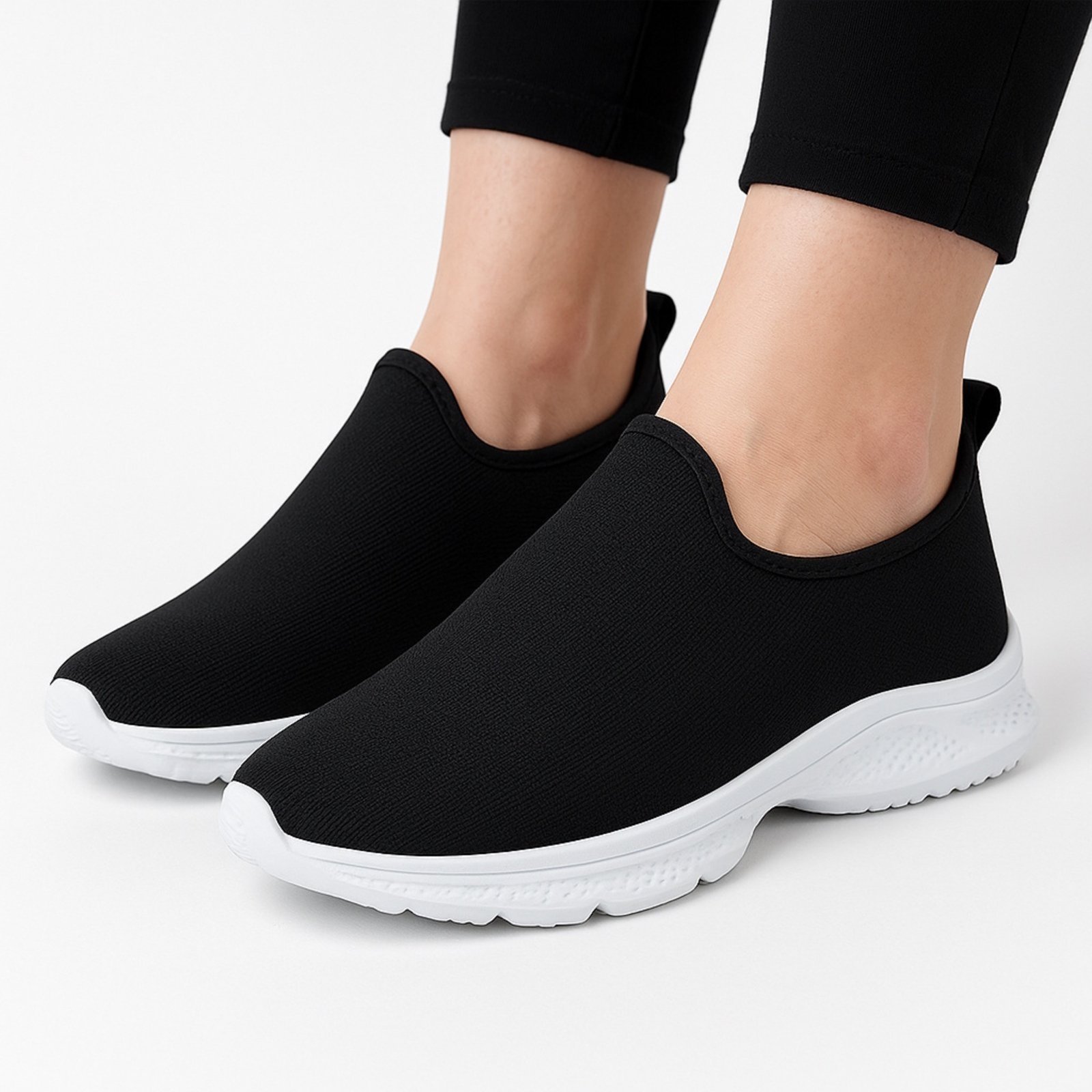 Tênis Feminino Meia Sem Cadarço Caminhada Fácil de Calçar Confortável Preto
