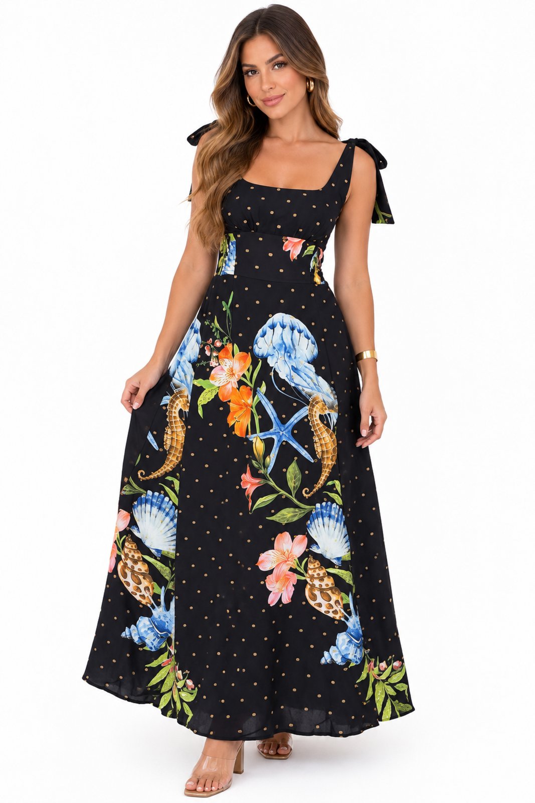 Vestido Longo D Bell Outlet Fashion Tropical Marinho Preto