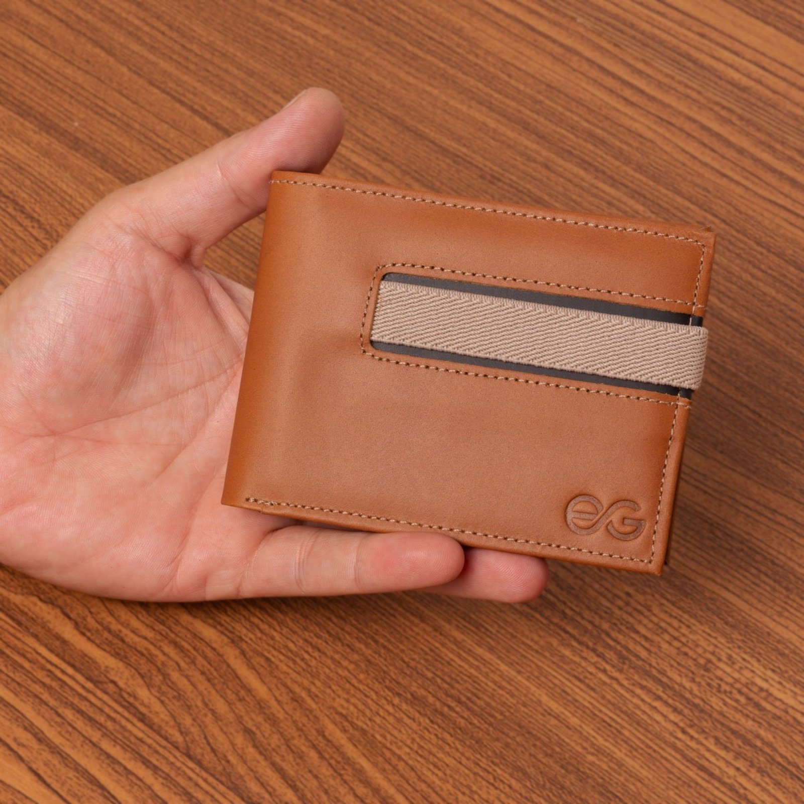 Carteira Masculina Slim Porta cartão Couro Legítimo Com Fecho De Elástico ello griff Marrom-claro