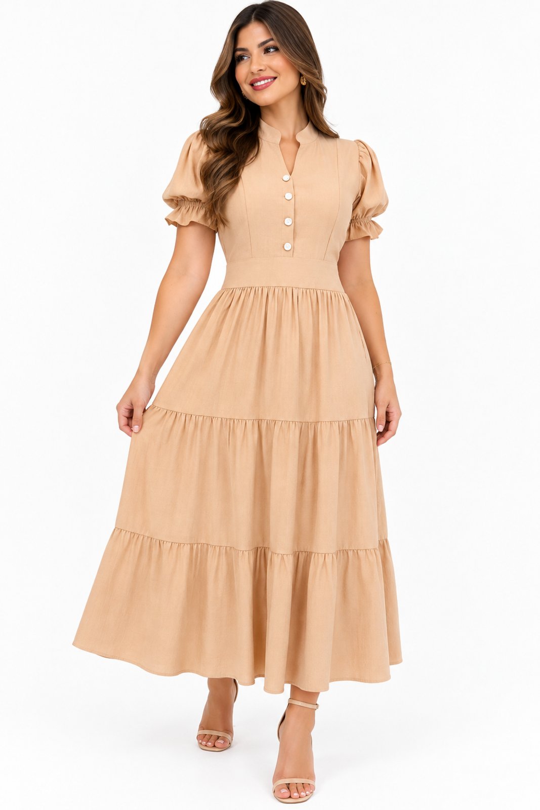 Vestido Midi Camiseiro D Bell Outlet Fashion Bege