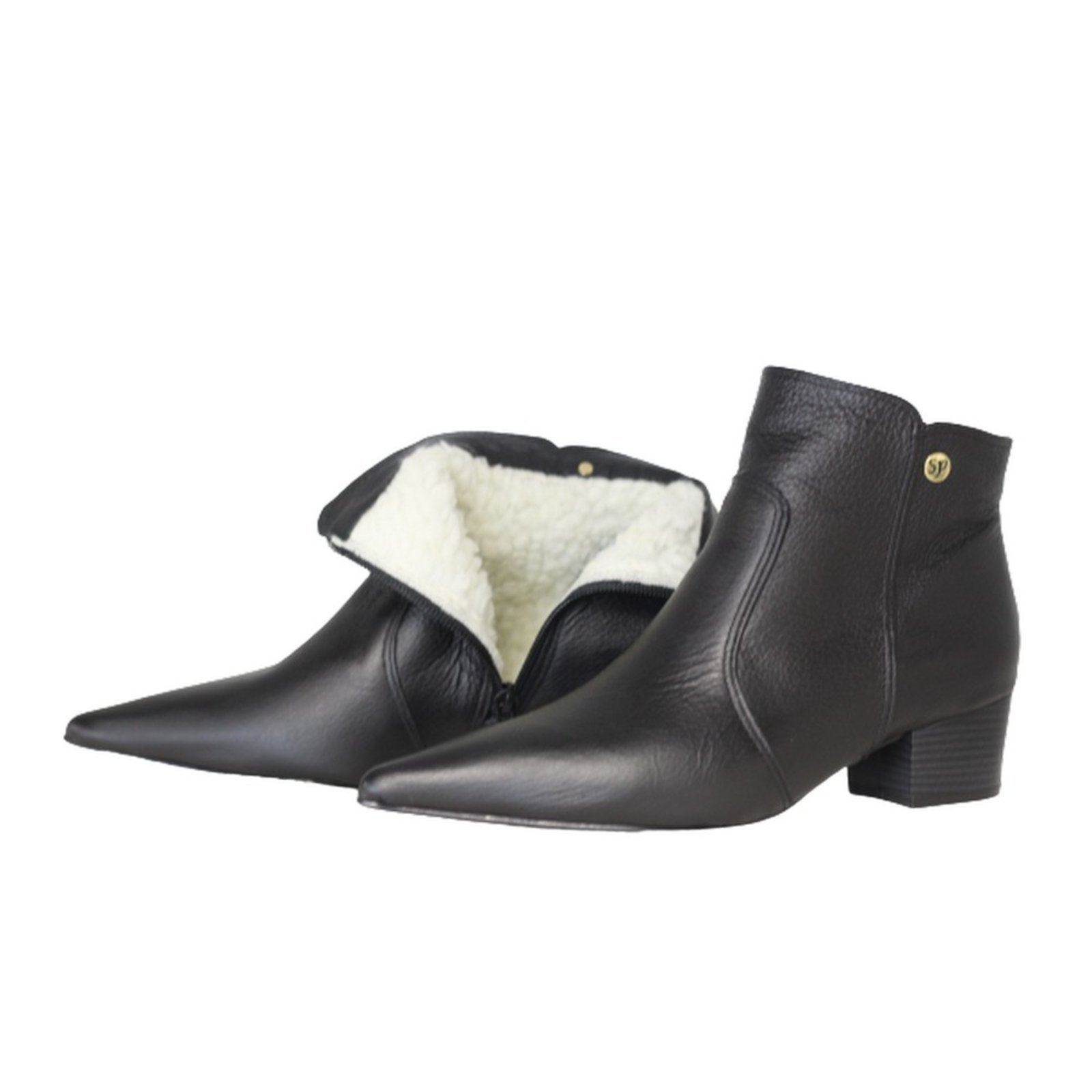 Bota Feminina em Lã Sintética Bico Fino Cano Curto Couro Salto 4cm Preto