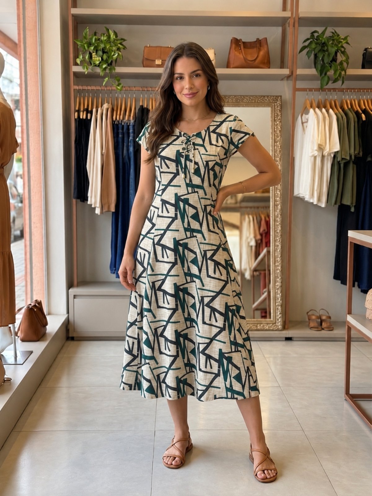 Vestido Midi Rodado Soltinho Moda Evangélica Estampado Feminino Verde e Bege