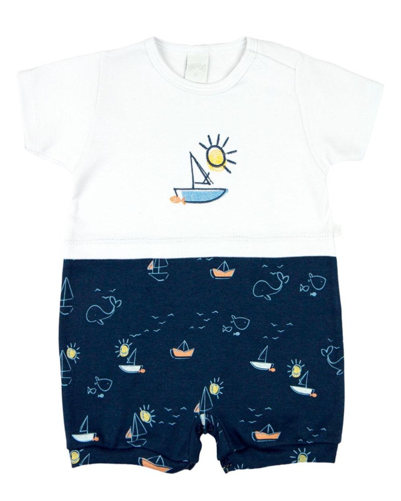 Infantil – Macacão Menino Verão Suedine Estampado Manga Curta Barquinhos – Marinho