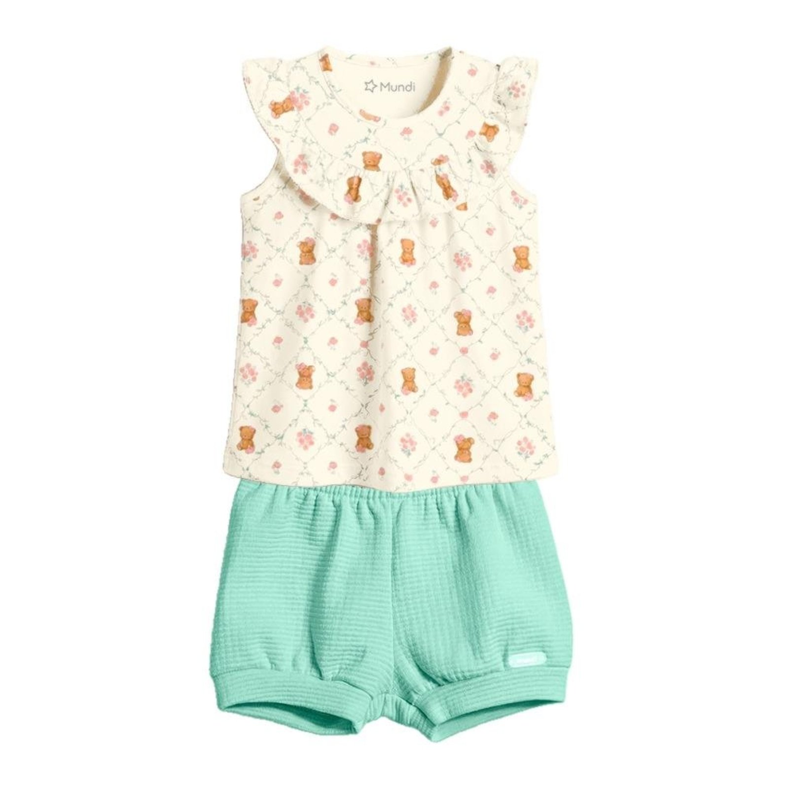 Infantil - Conjunto Feminino Blusa Babado Ursinhos Shorts Brandili Off White Verde G Verde