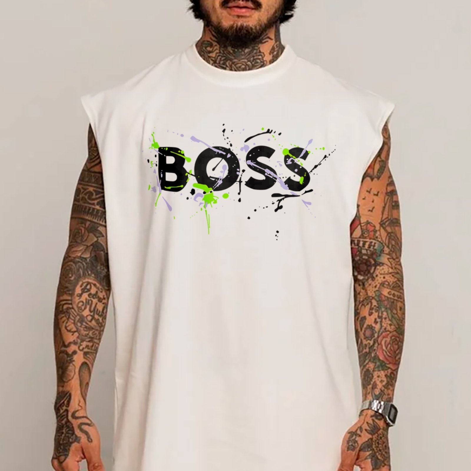 Camiseta Regata Machão Boss Street Style Grafite Urban Fashion Trend Branco