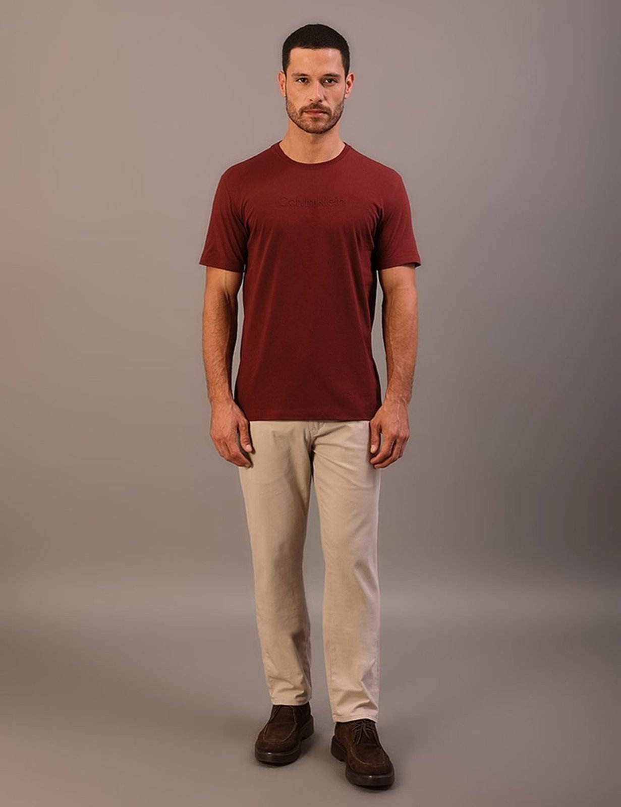 Camiseta Manga Curta Calvin Klein Masculino Embossed+bordado - Bordo Calvin Klein Jeans