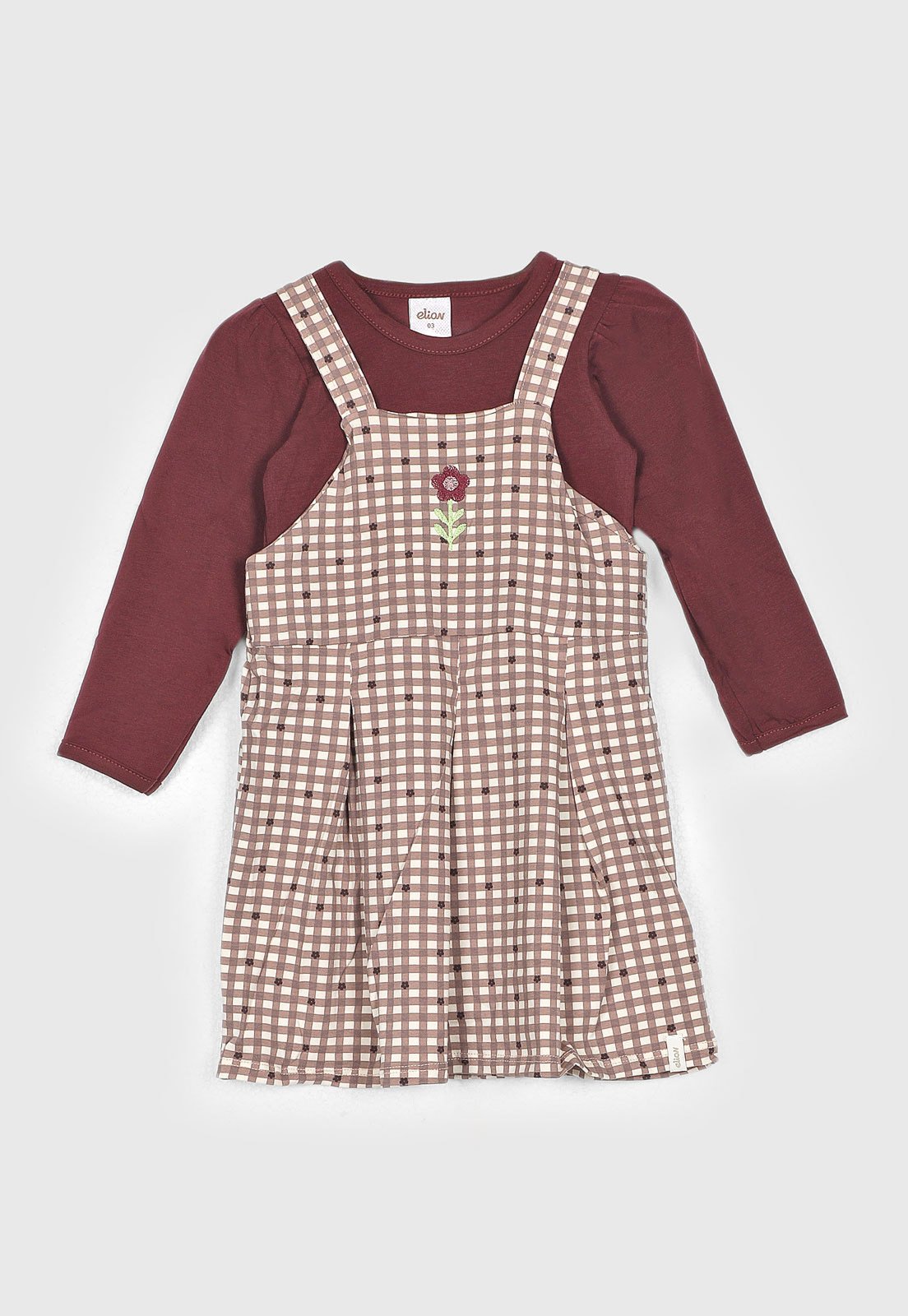 Conjunto Elian Vestido Curto Xadrez e Blusa Marrom