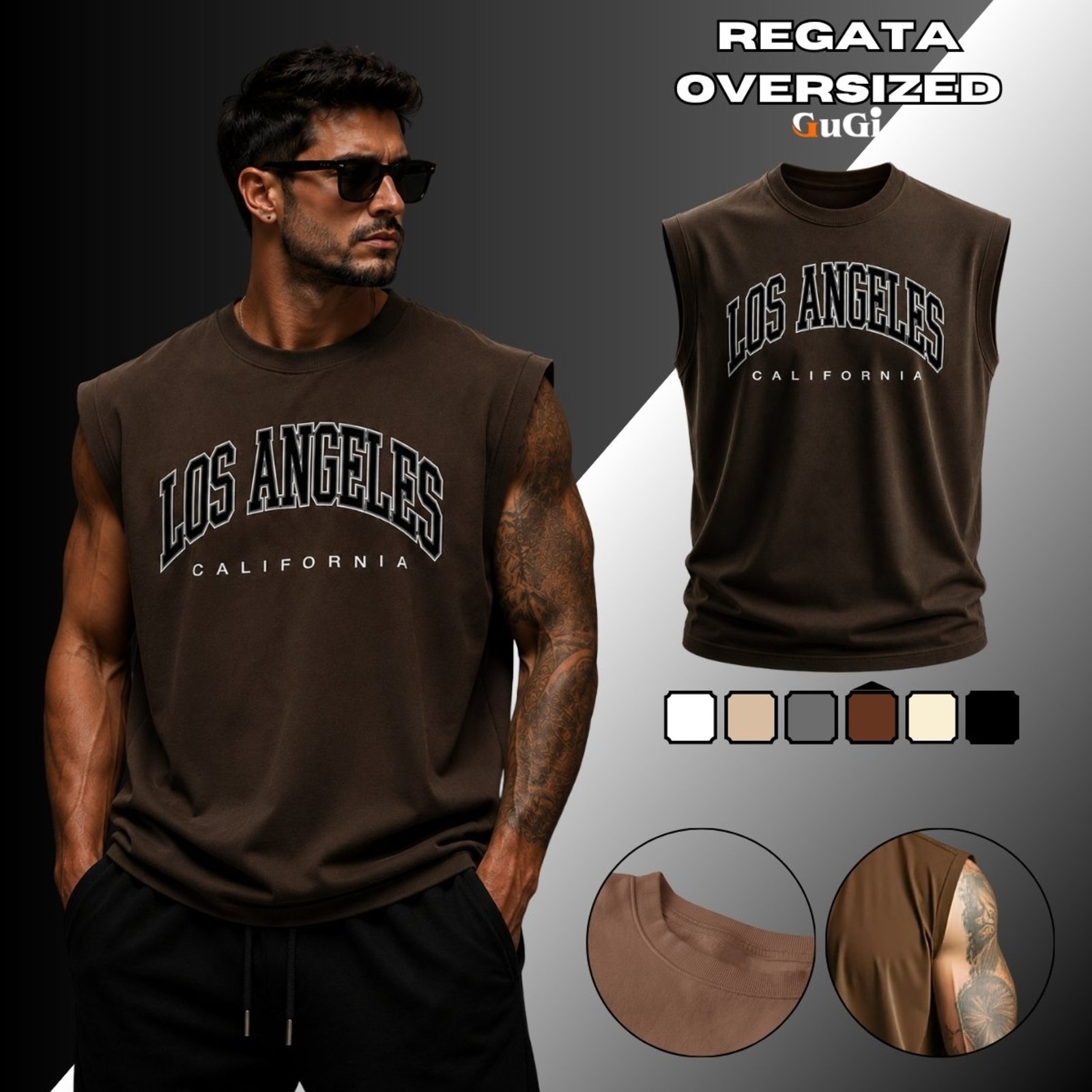 Camiseta Regata Masculina Oversized Los Angeles California 100% Algodão 30.1