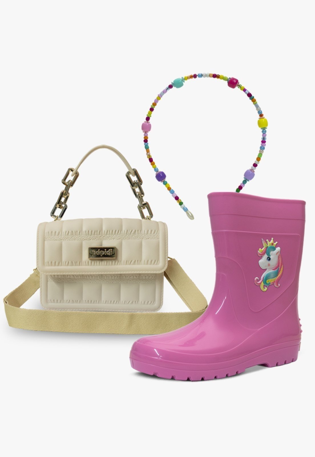 Infantil - Kit Galocha Unicórnio Bolsa e Tiara Colorida Pópidi Rosa