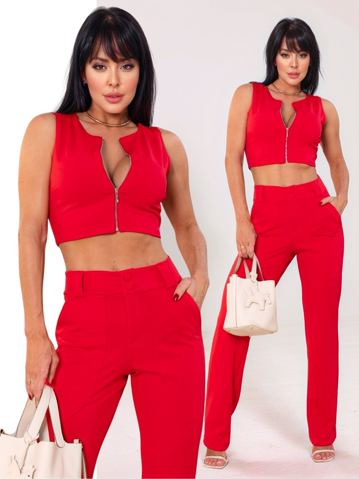 Conjunto Feminino Tropical Fashion Cropped Zíper e Calça Pantalona – Vermelho