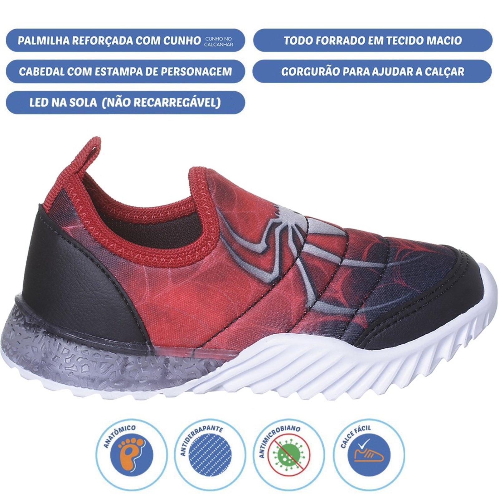 Vista 3 Infantil - Tênis Ortopasso Action Baby Menino Aranha Leve LED vermelho Ortopasso vermelho