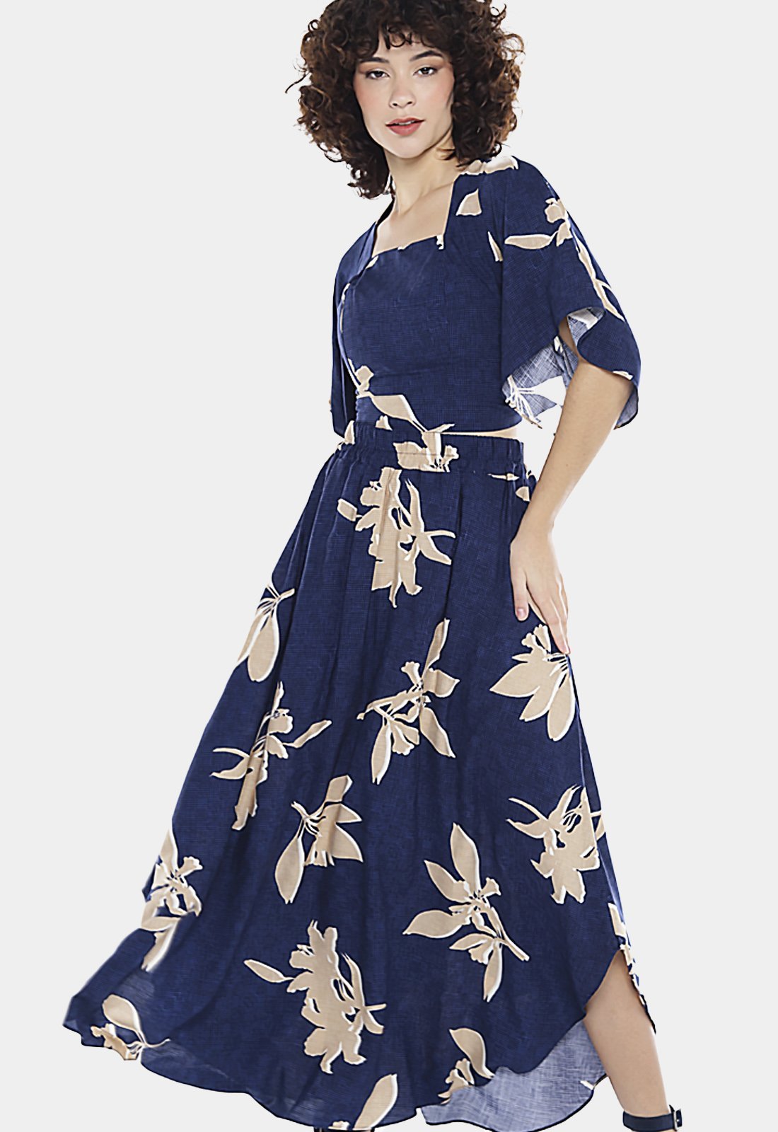 Conjunto Saia e Blusa Estampado Sob Marinho Azul