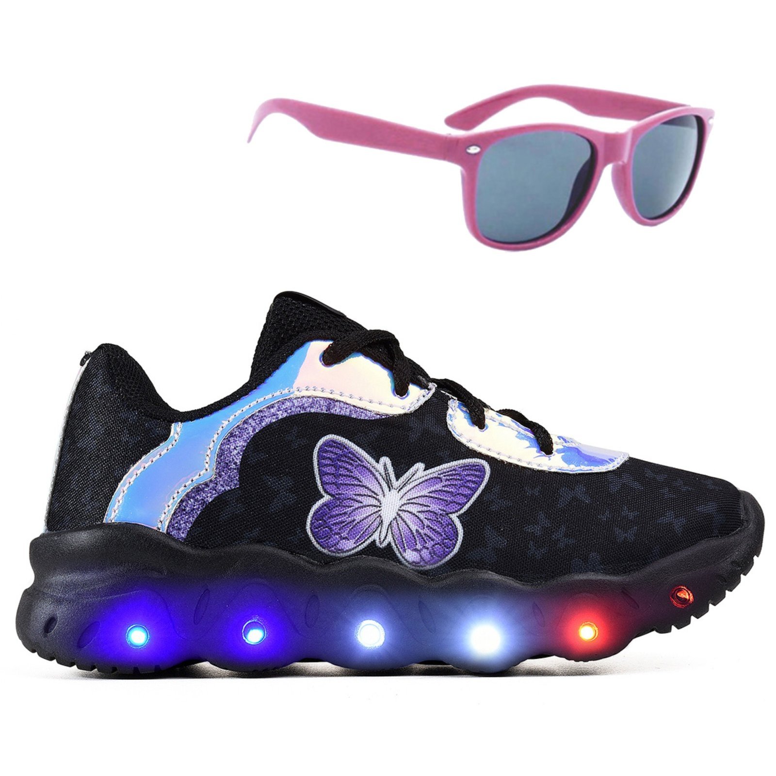 Infantil - Kit Tênis de Led Feminino Borboleta Preto Casual + Óculos