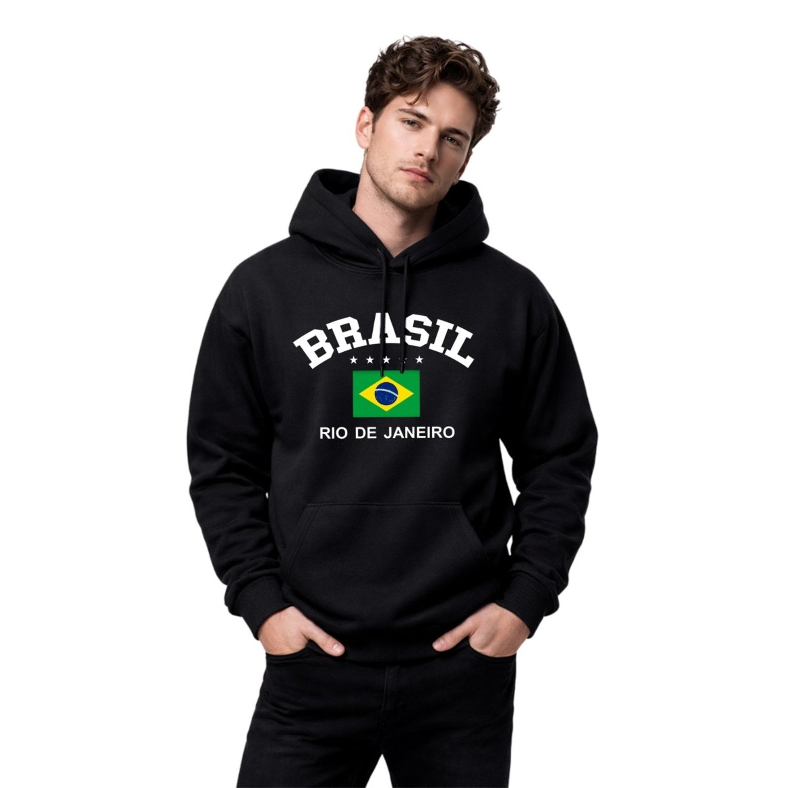 Blusa de Frio Moletom Casaco Estampado Bolso Canguru Com Capuz RIO