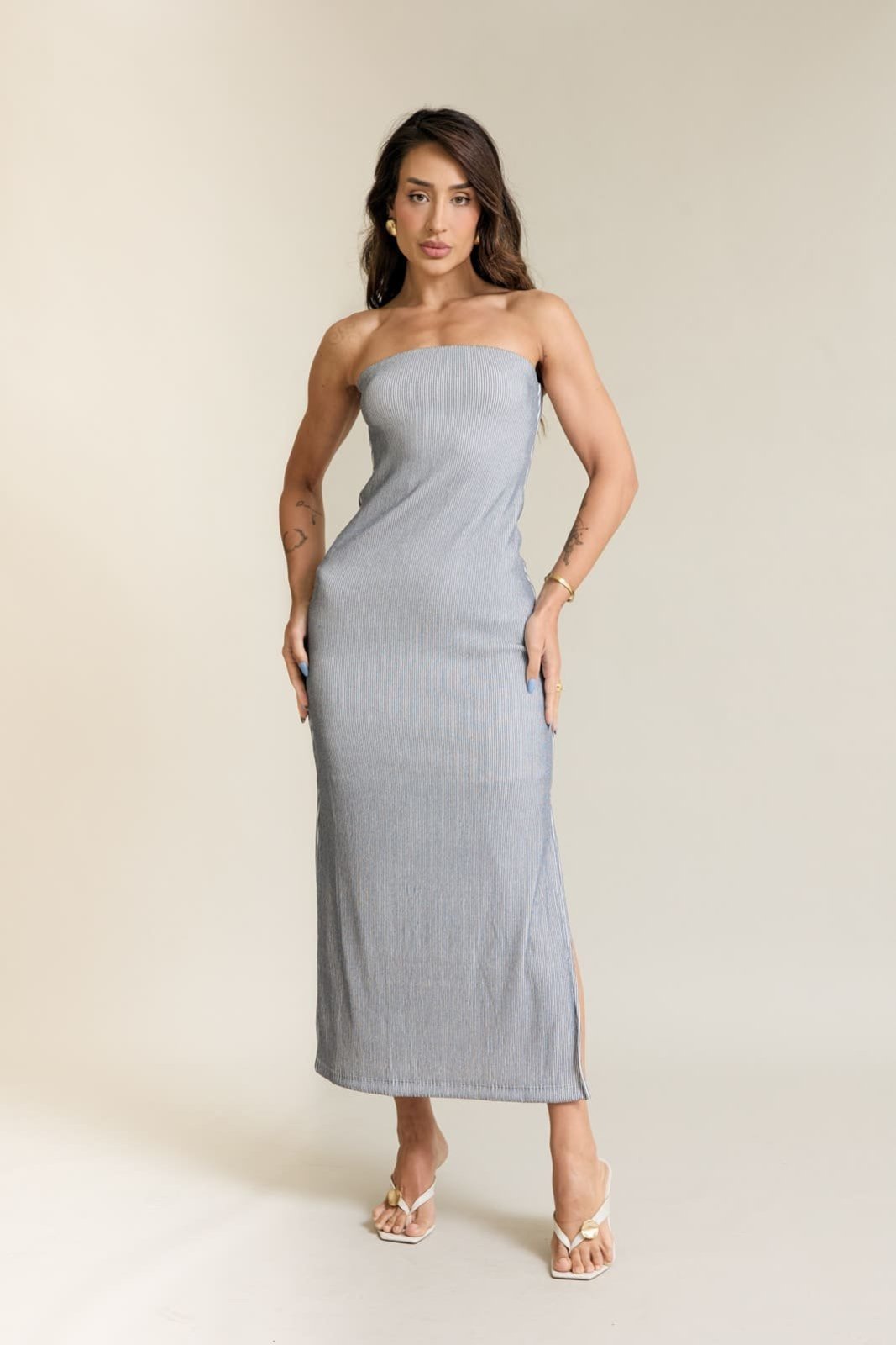 Vestido Malha Lurex Feminino Marinho sem Alças com Fenda Lateral Lemier