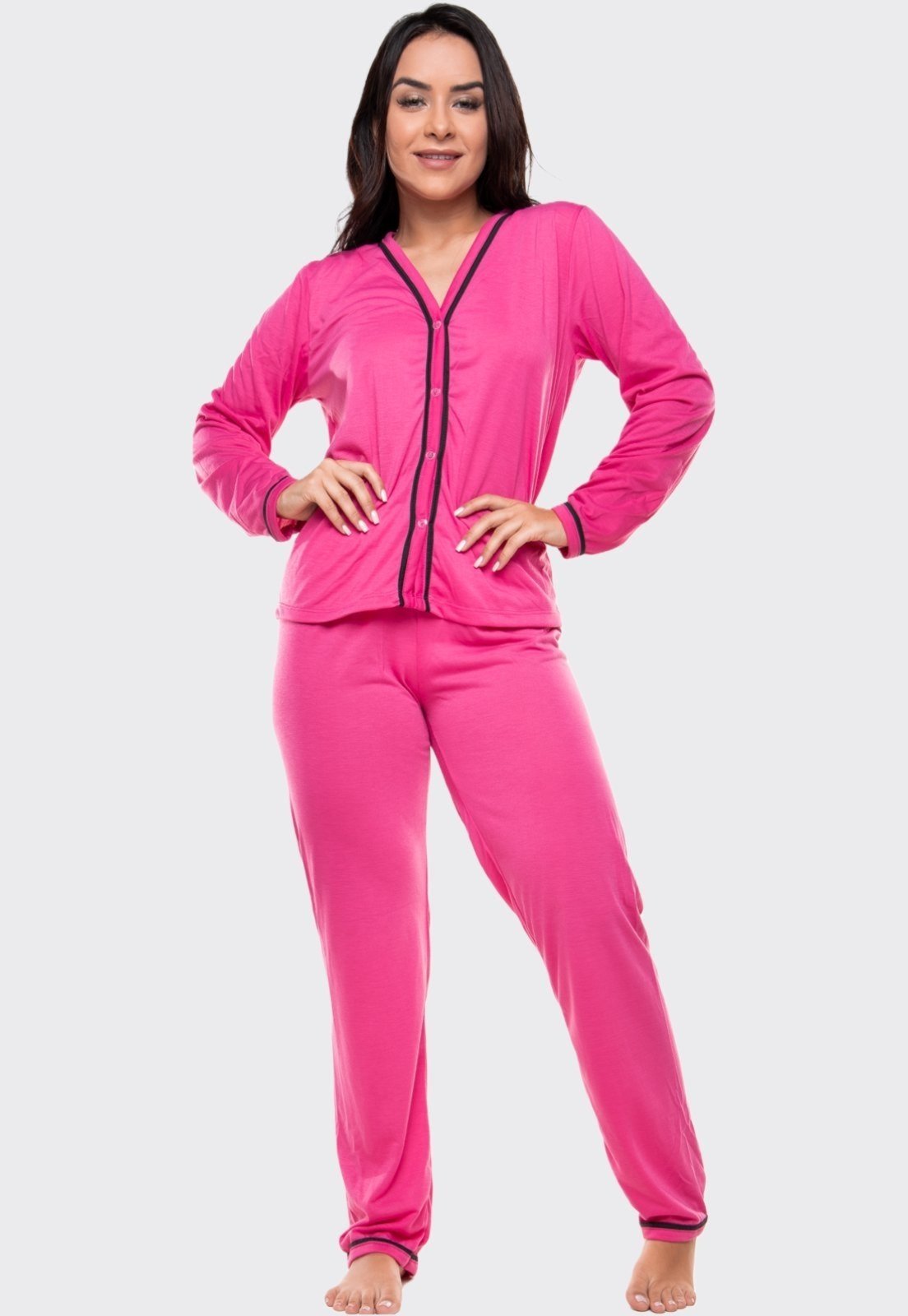 Pijama Feminino Longo 4 Estações de Botão Amamentação Pijama Gestante Pijama Americano Maternidade Rosa Pink