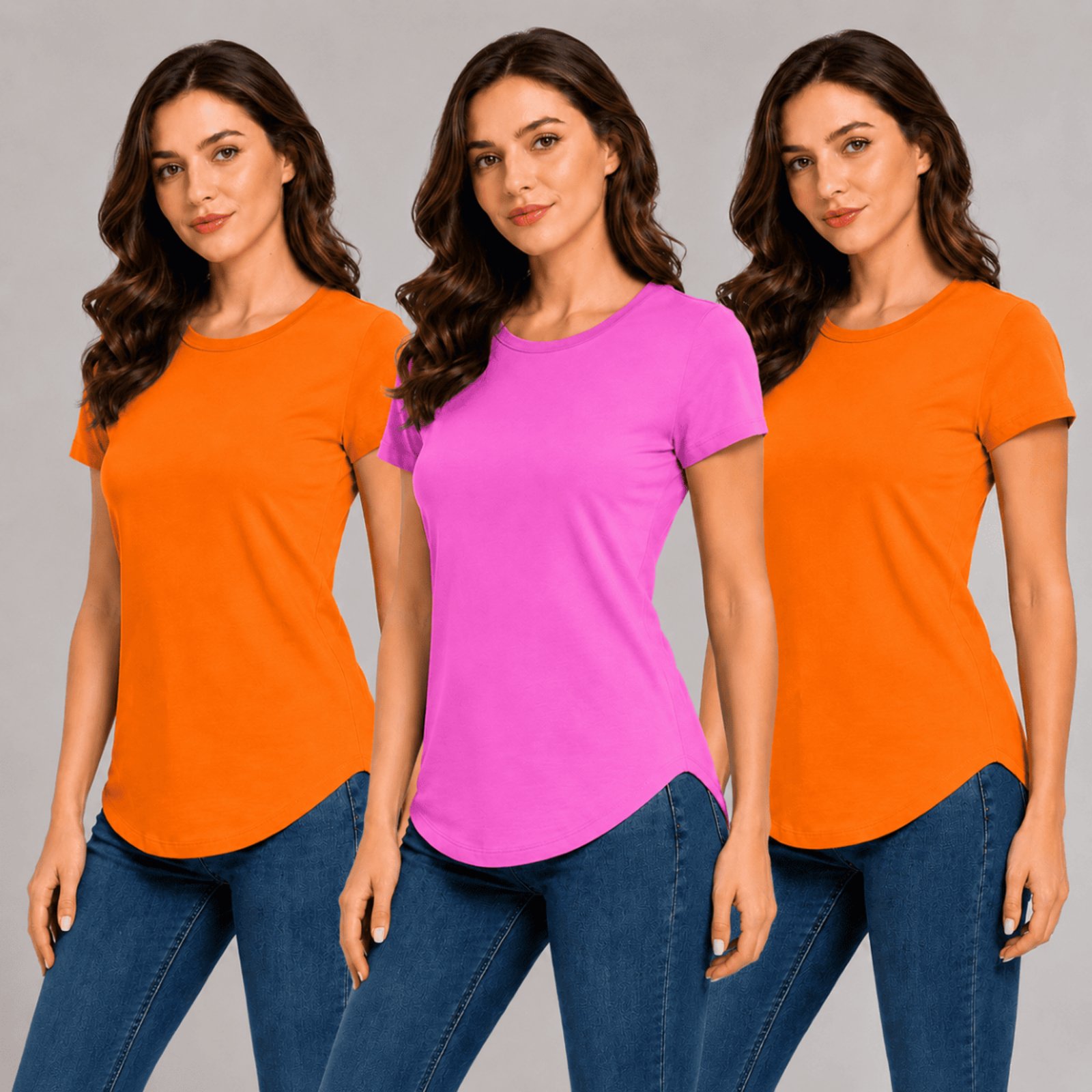 Kit Com 3 Camisetas Longtail Feminina Básica Sem Estampa - Laranja/Laranja/Rosa