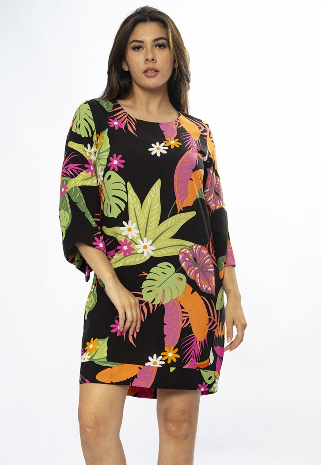 Vestido Curto Cabanafree Balli Manga Ampla Estampa Noite Botânica