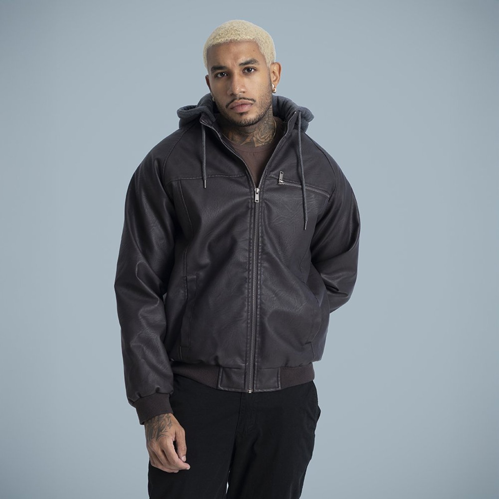 Jaqueta PU Masculina Marrom Com Capuz Moletom