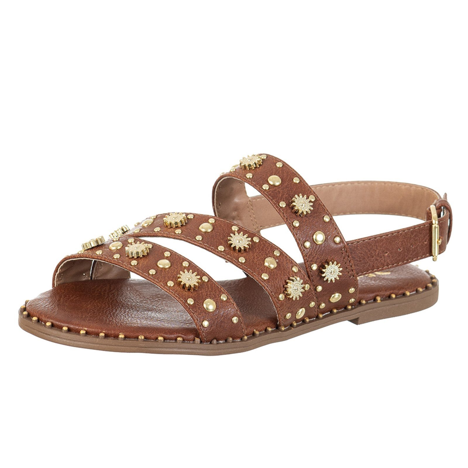Sandália Feminina Rasteirinha Via Birigui Com Spikes e Enfeites Marrom