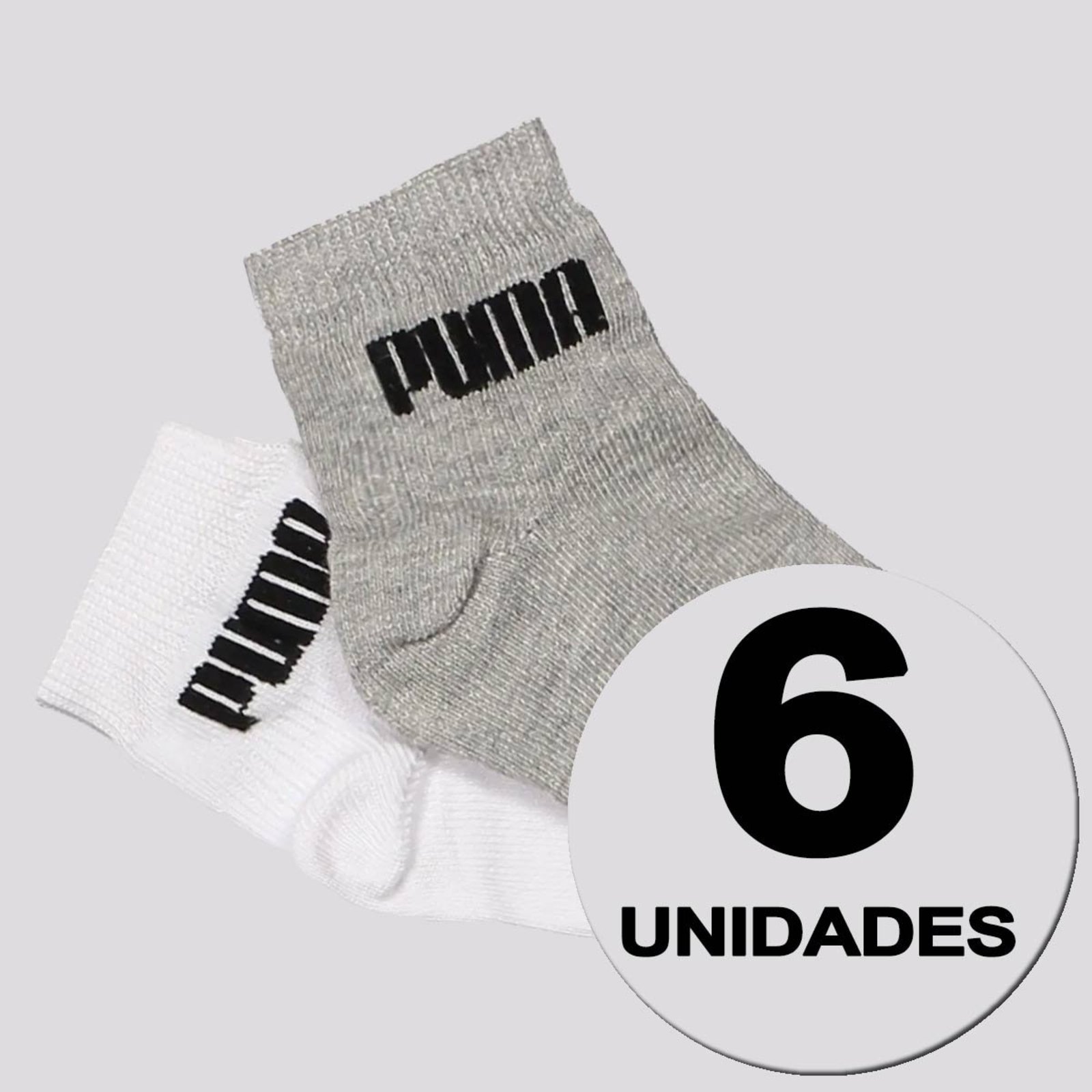 Kit Meia Puma Cano Médio 6 Pares Cinza e Branca