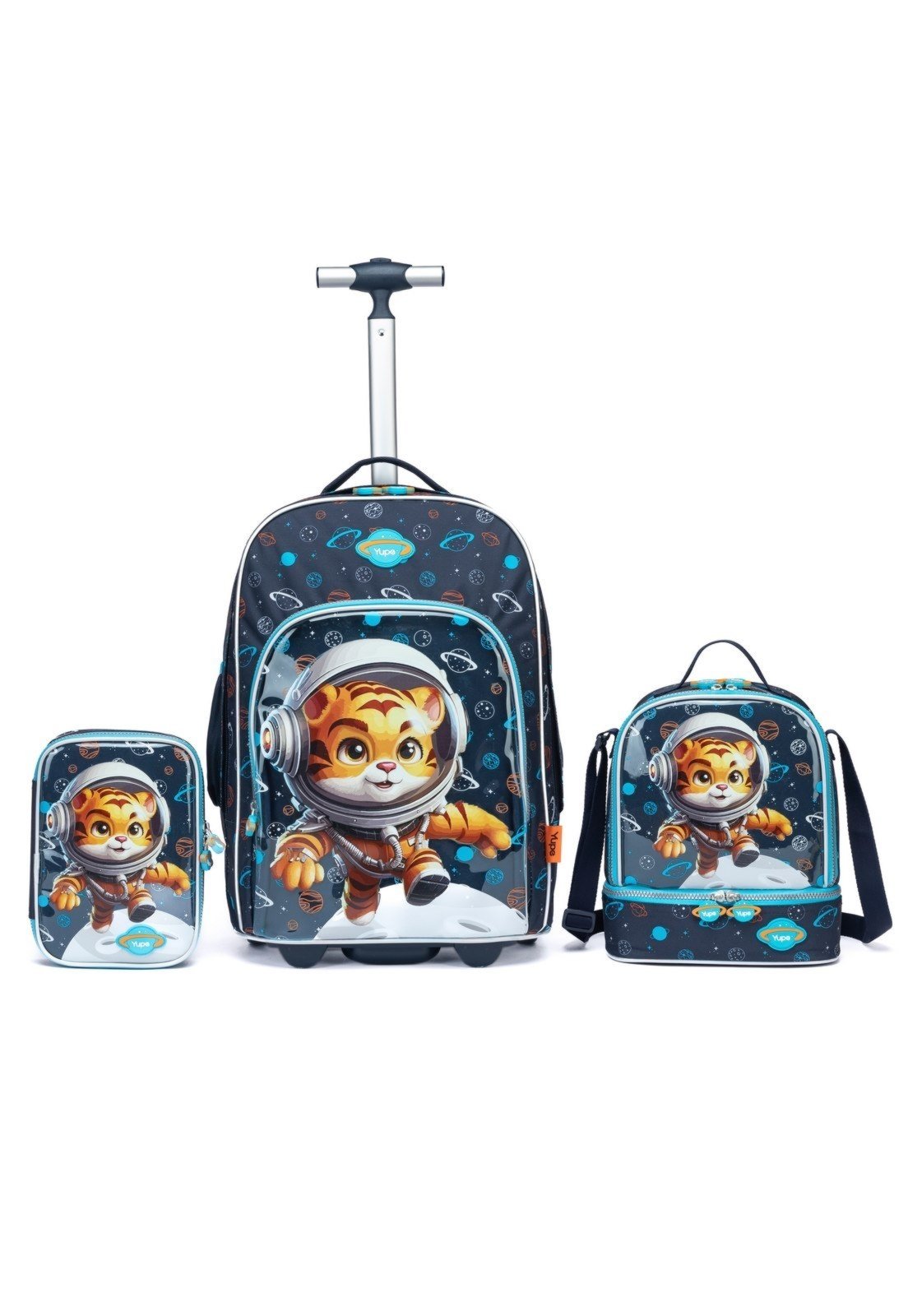 Vista 2 Infantil - Kit Mochila Escolar Menino Rodinha Estojo Lancheira Resistente Astronauta Tigre YUPE azul YUPE azul