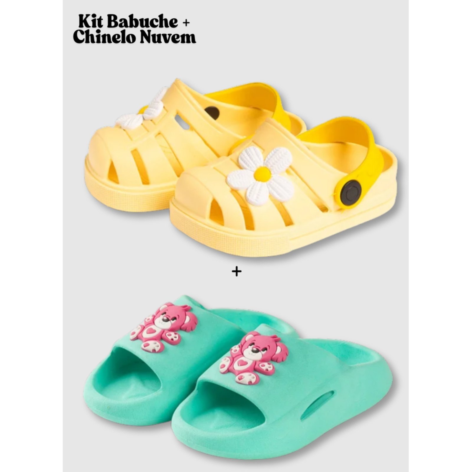 Infantil - Kit 2 Calçados Menina Molekada Babuche e Chinelo Nuvem Margarida e Urso