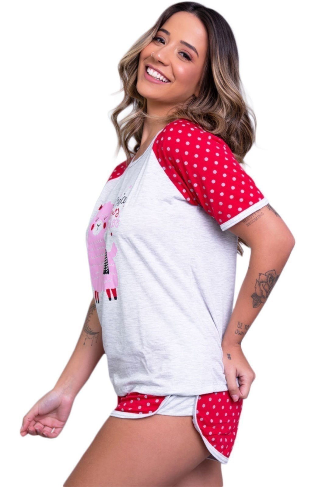 Vista 3 Pijama Feminino Serra e Mar Modas Manga Curta Estampada Adriana vermelho SERRA E MAR MODAS vermelho