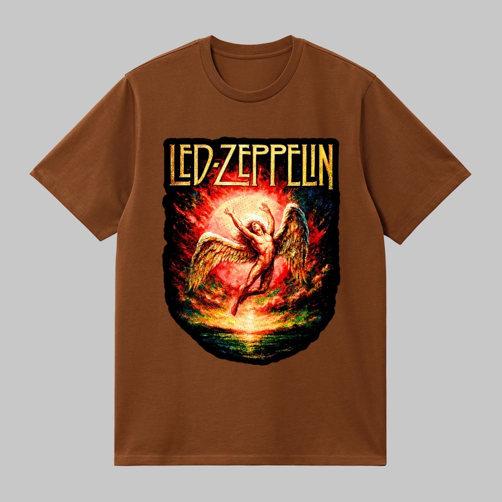 Camiseta Básica Led Zeppelin Arte Mística Vintage Rock Psicodélico Unissex Marrom