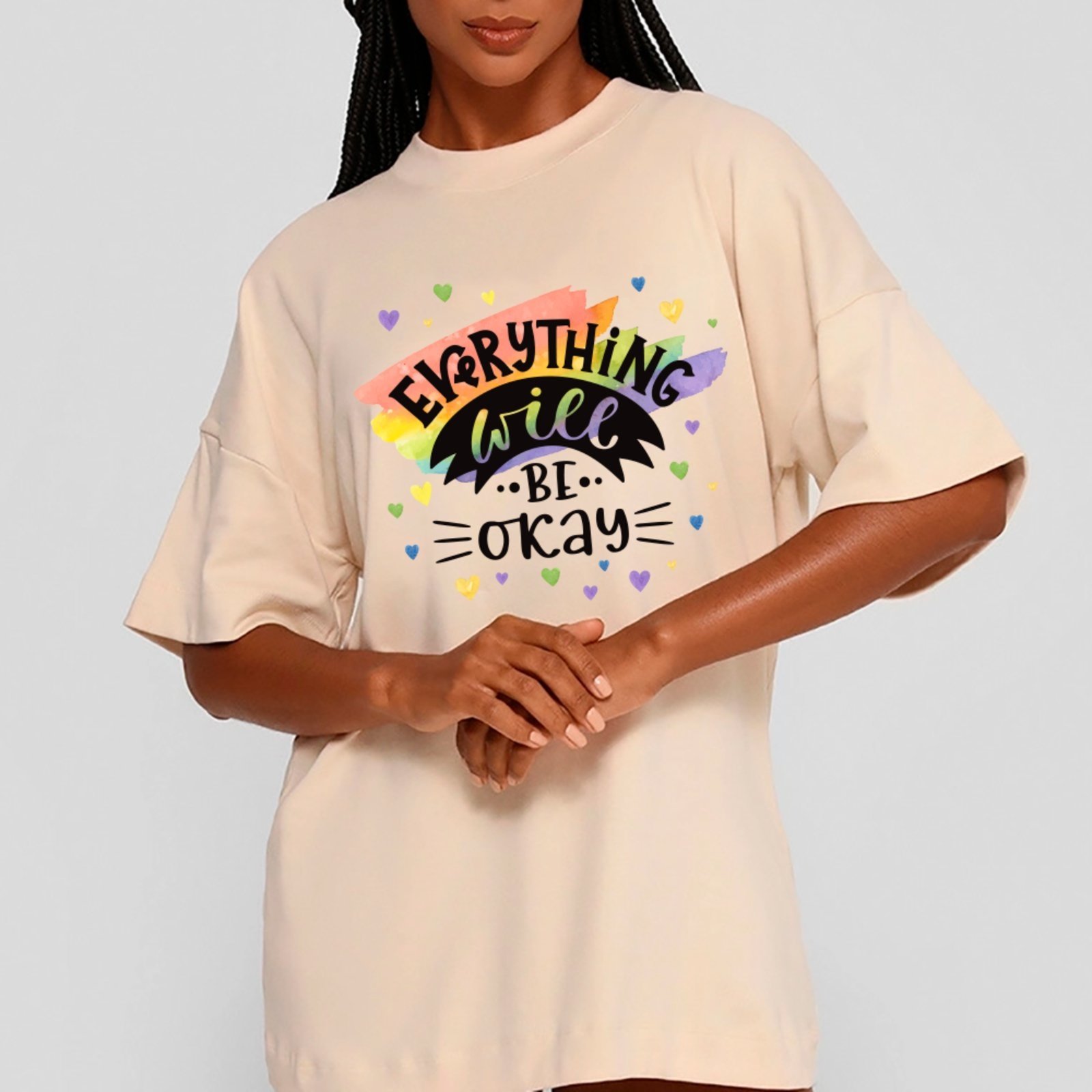 Camiseta Ousy Everything Will Be Okay Oversized Feminina Off White