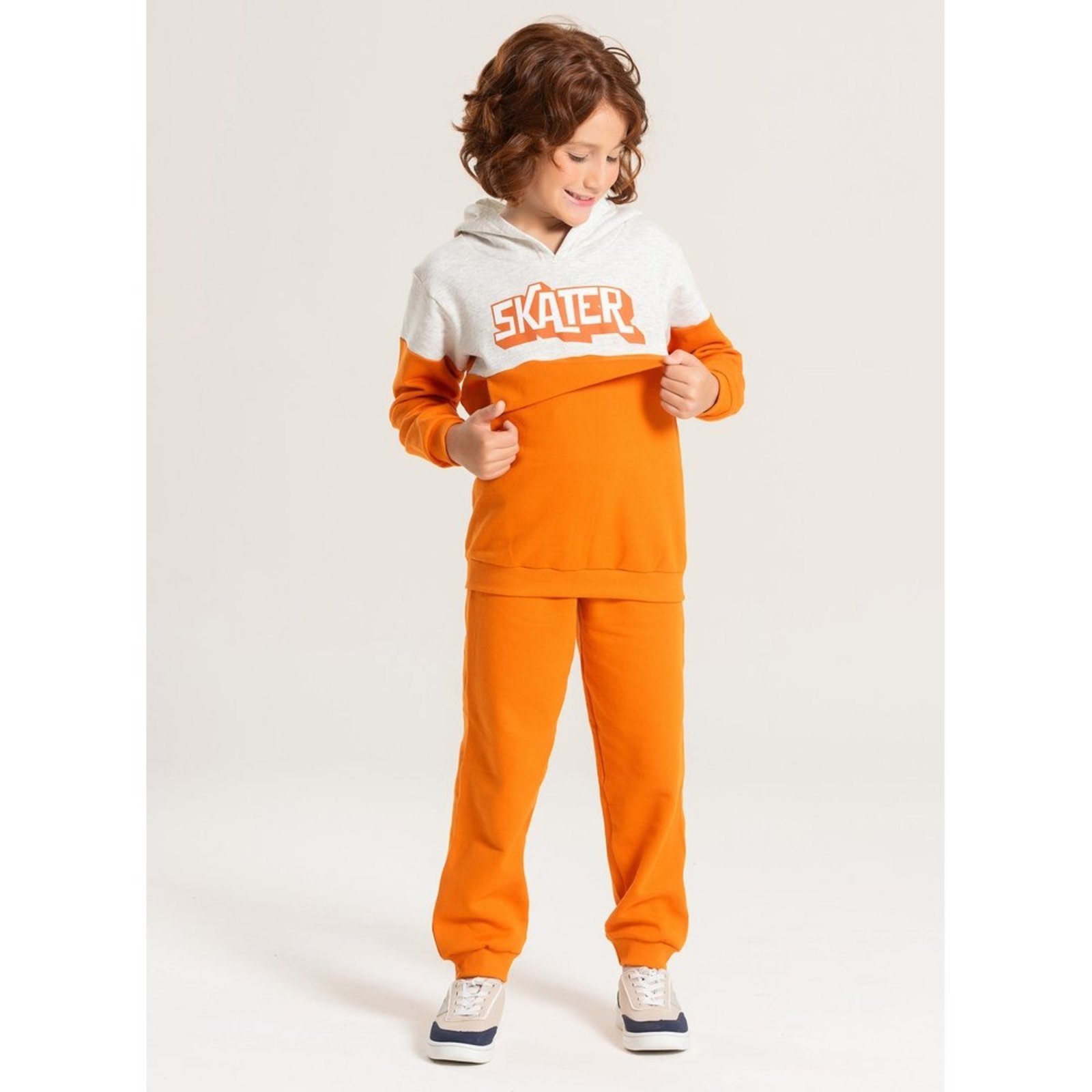 Vista 2 Infantil - Conjunto Inverno Menino Blusão com Capuz e Calça em Moletom Skater Molekada laranja Molekada laranja