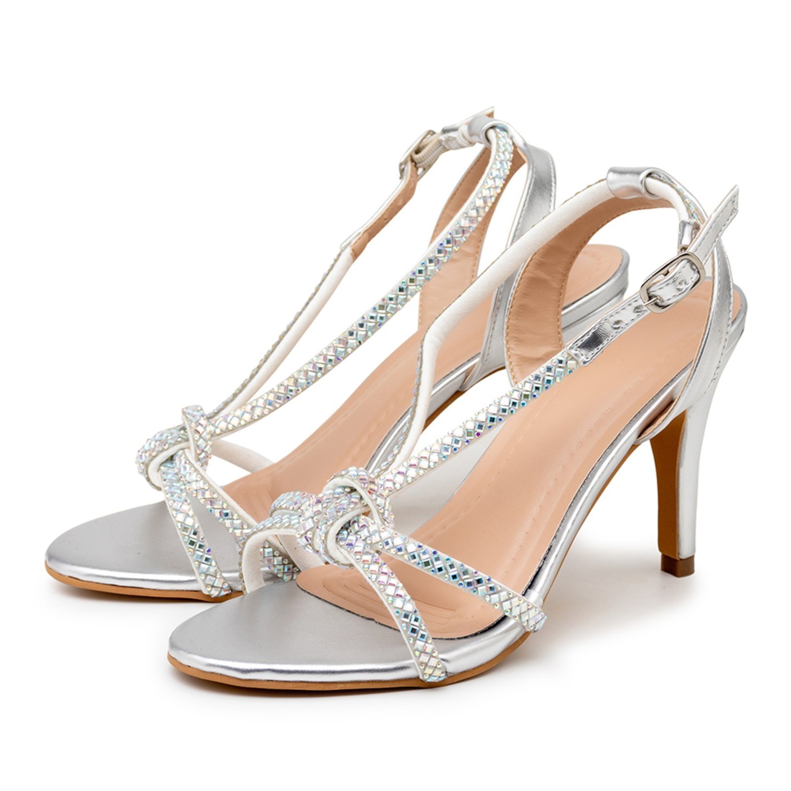 Sandália Feminina Salto Fino Tiras Strass 1798 Elegance Prata